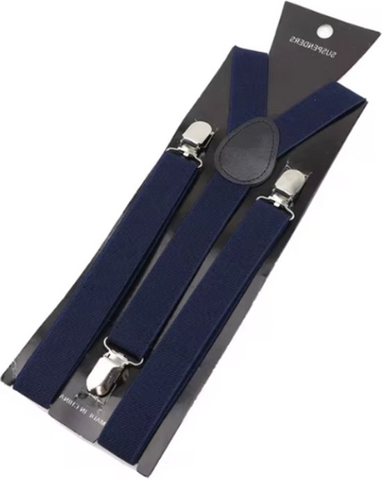 Donkerblauwe bretels met drie zilverkleurige clips en een zwarte lederen kruising.