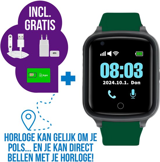 Wiesba WB73S - GPS Horloge Senior - Smartwatch voor Ouderen - Persoonlijke alarmen - alarm horloge ouderen - GPS Horloge Alzheimer - Valdetectie - Groen