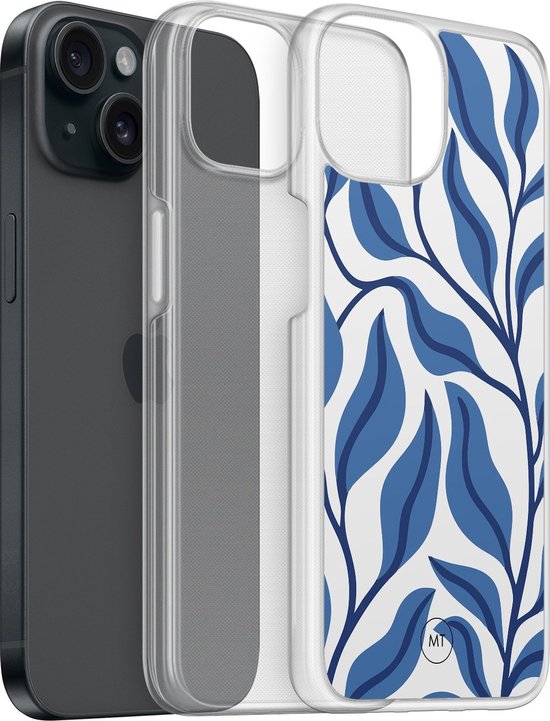Coque hybride adaptée à iPhone 14 - Feuilles Blue - Protection Extra - Coque de protection de Luxe - Coque en TPU - Transparente, Blauw - Belles Housses de téléphone