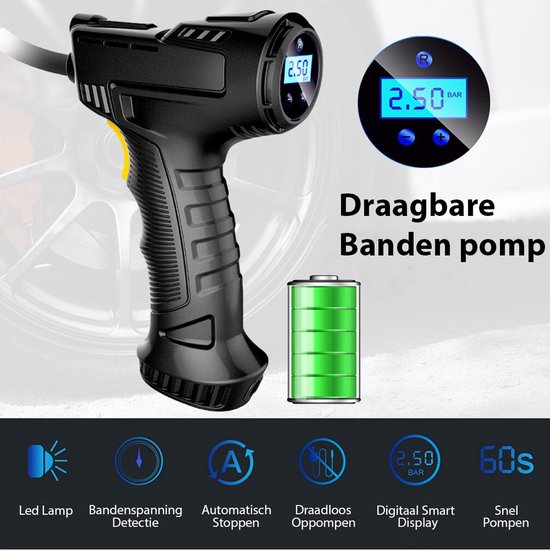 Draadloze Bandenpomp 120W – Podazz Luchtcompressor Met LED-Licht, Digitale Manometer, 2000mAh Accu, 150 PSI, 3 Mondstukken – Voor Auto, Motor, Fiets En Ballen 4 miniatura