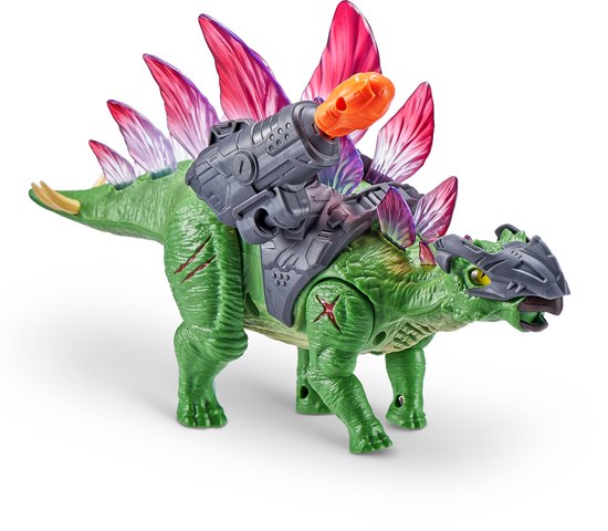 Groene Stegosaurus speelgoed dinosaurus met rode en paarse rugplaten, grijze harnas en oranje kanon.