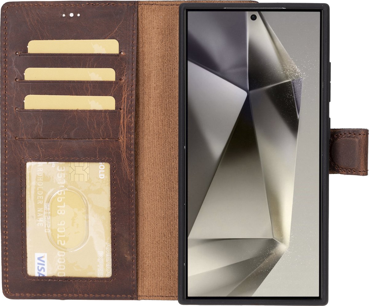 Charmant Style - Telefoonhoesje-Samsung Galaxy S24 Ultra Hoesje Met Pasjeshouder-Antic Coffee-Geschikt voor Samsung S24 Ultra uitneembare lederen hoesje-RFID Bescherming- BookCase hoesje