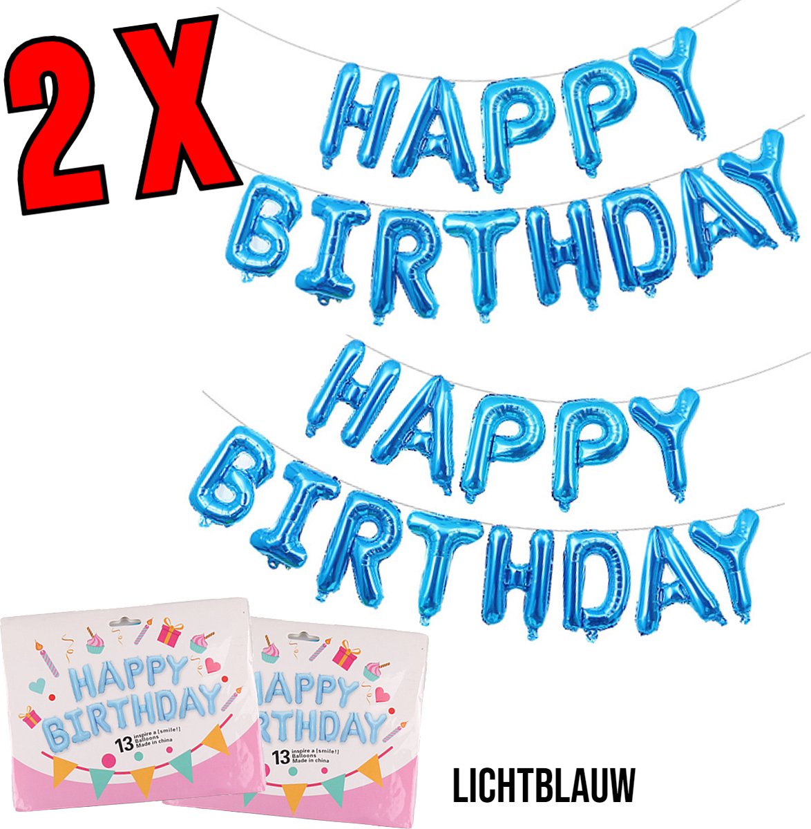 Allernieuwste.nl® 2 SETS Happy Birthday Ballonnen Zilver - Feest Versiering Verjaardags Folie Ballonnen Feest Decoratie Slinger Licht Blauw - 2 sets