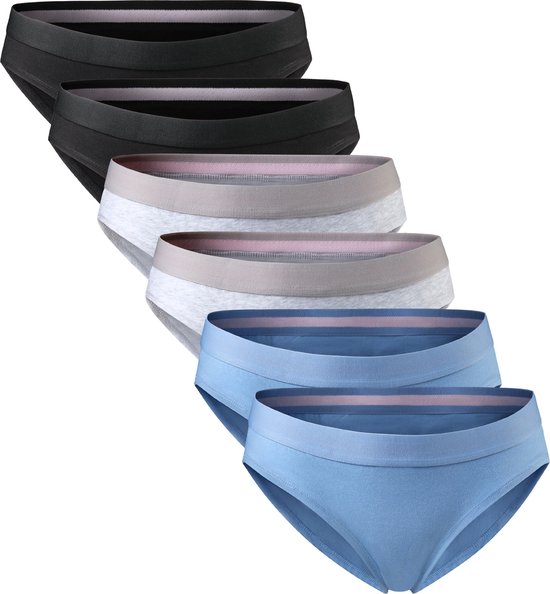 Ensemble de cinq culottes bikini en coton dans les couleurs noir, gris, gris clair et bleu. Ceintures élastiques avec bords colorés.
