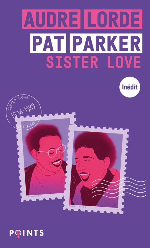 Boekomslag met "Audre Lorde Pat Parker Sister Love" en twee postzegels met portretten van vrouwen.