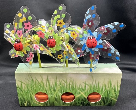 Set van 3 decoratieve windmolentjes in pot - kunststof+houten steker "bloemetjes en lieveheersbeestjes"- meerkleurig + groene potjes- dia 9 cm x hoogte 16 cm - Tuinaccessoires - tuinstekers