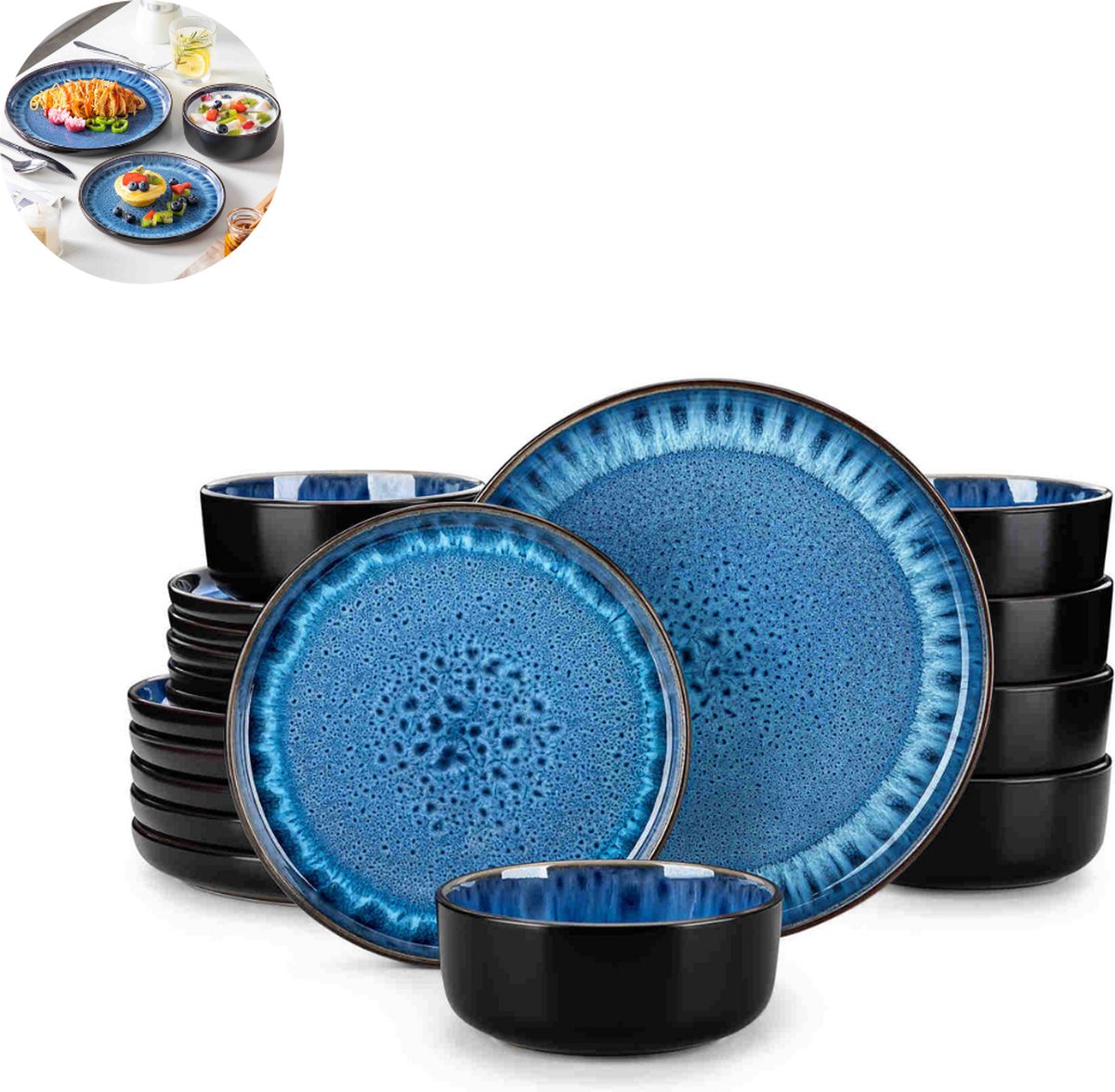 Luxe Serviesset – 18 delig – 6 persoons – Porselein - Bordenset – Dinner platen – Dessertborden - Kommen - Blauw