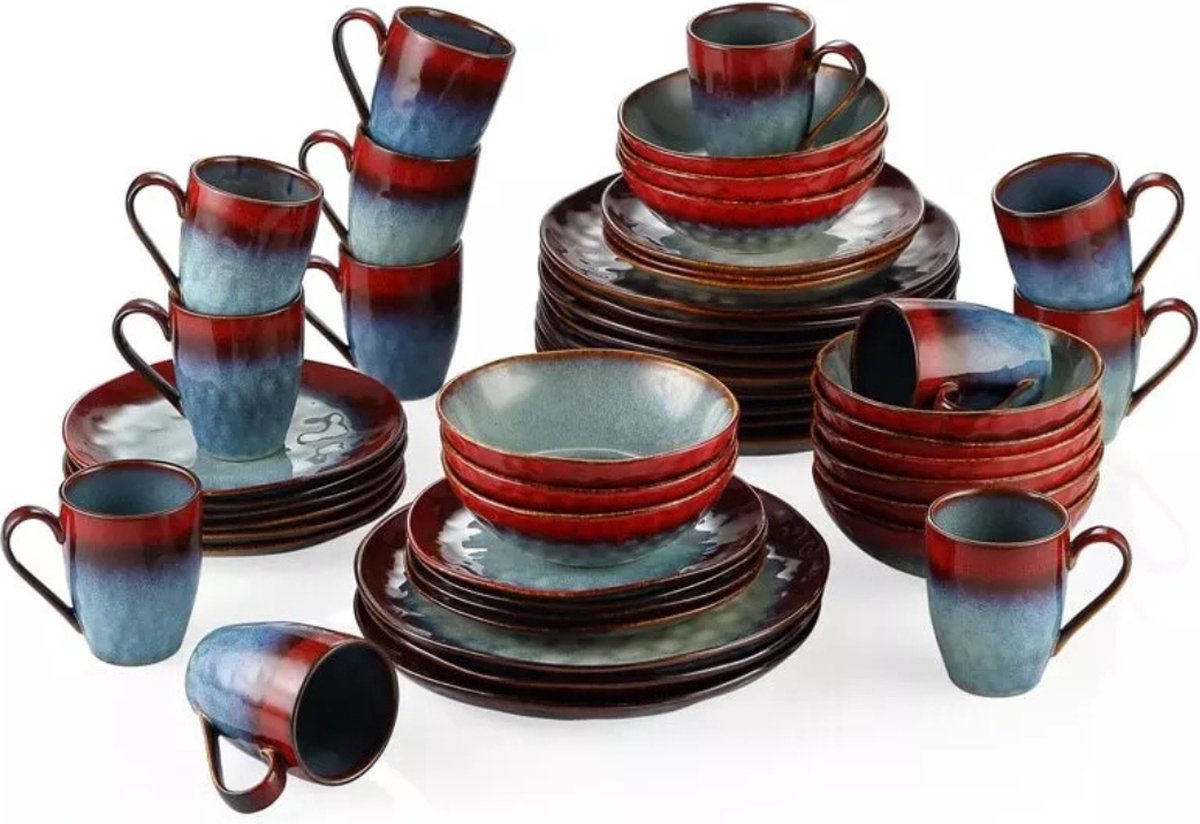 Luxe Serviesset – 48 delig – 12 persoons – Porselein - Bordenset – Dinner platen – Dessertborden - Kommen - Mokken - Rood