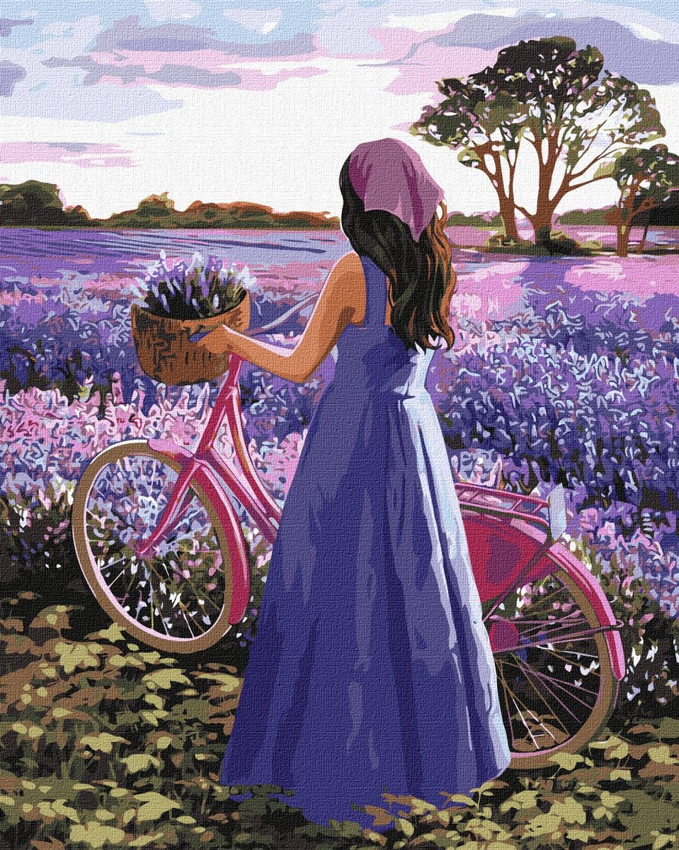 Schilderen op Nummer voor Volwassenen - Lavendel Fietstocht - 40x50 cm - Moeilijkheidsgraad 5/5 - Op Frame