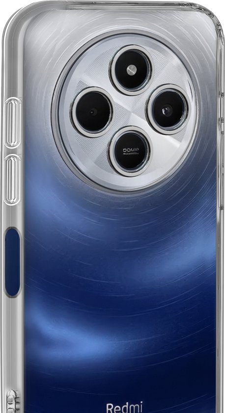 Gros plan d'une coque de protection transparente avec des rayures bleues et un îlot à quatre caméras pour un téléphone.