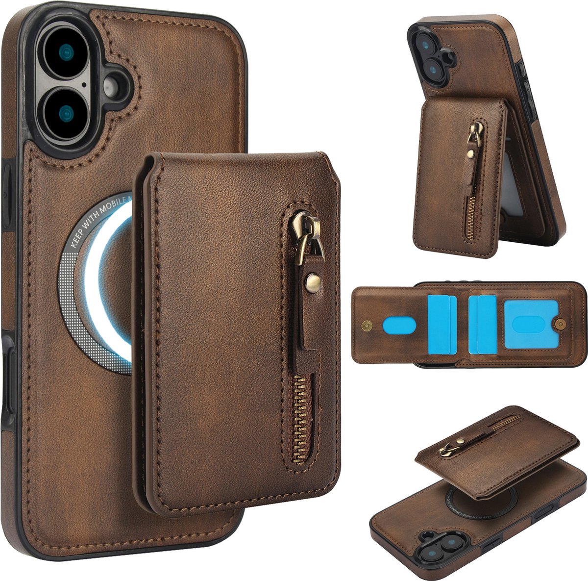 Stravo Leather Hoesje Case – Wallet Leer & Leren Cover – Geschikt voor iPhone 16 – Leren Leather Portemonneehoes met Kaarthouder – 2-in-1 Afneembare PU Leren Flip Case met RFID-bescherming, Kickstand, MagSafe – Bruin