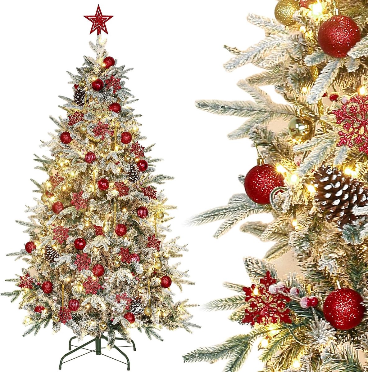 Magische Kunstkerstboom Met Sneeuw En Verlichting - 150 Cm Goud-Rood Met Kerstballen En Decoraties
