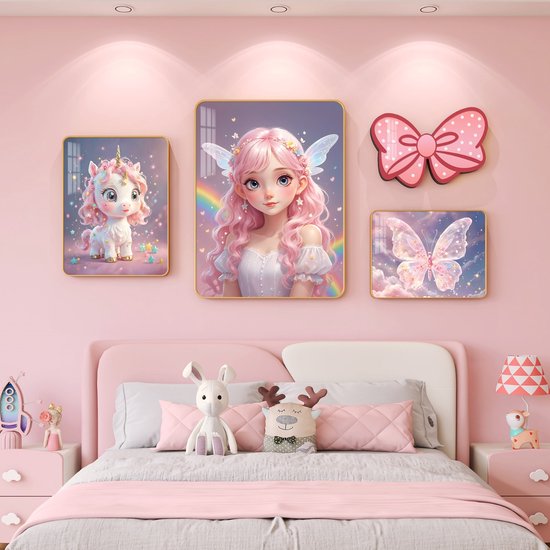 Peinture décorative pour chambre d'enfant – Licorne, papillon, princesse/fond mural de chambre/peinture murale à suspendre/chevet chaud pour chambre de princesse de fille (40 x 60 cm + 30 x 40 cm + 24 x 35 cm + 26 x 38 cm)