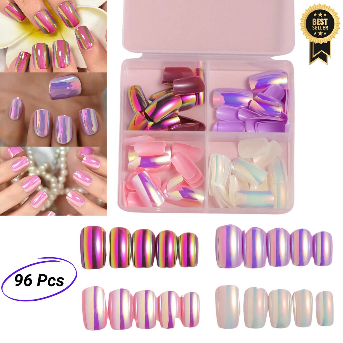 Goedkoopste GUAPÀ® Plaknagels | 96 stuks valse nagels | Press On Nails | Zelfklevende Plaknagels | Nepnagels | Kunstnagels | Compleet plaknagels starterspakket | Nagels Wraps | Nail Art | Winter Nagels | 96 stuks plaknagels Chrome Spiegel Parelmoer