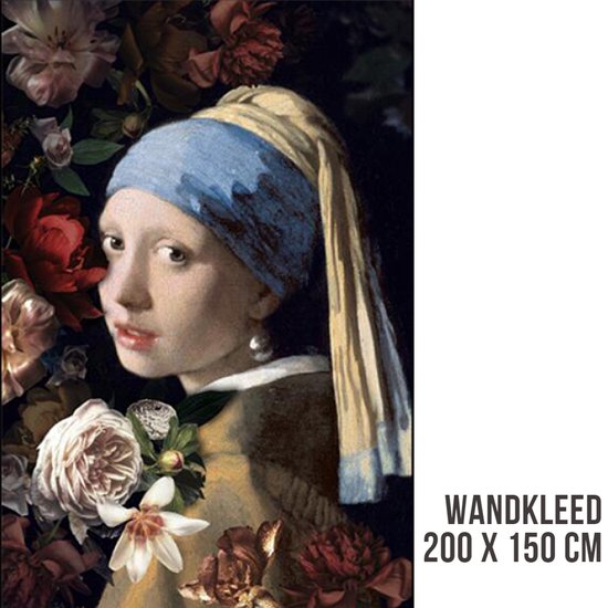 Wandkleed 'Meisje met de Parel' met blauwe hoofddoek, parel, met bloemen. Afmeting 200 x 150 cm.