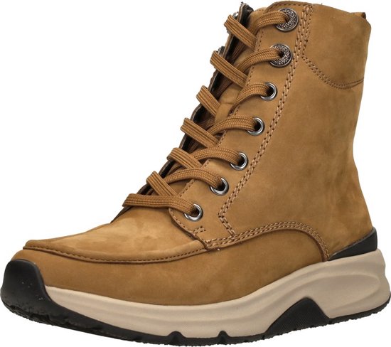 Bruine hoge veterschoen met veters en rits aan de zijkant, witte zool.