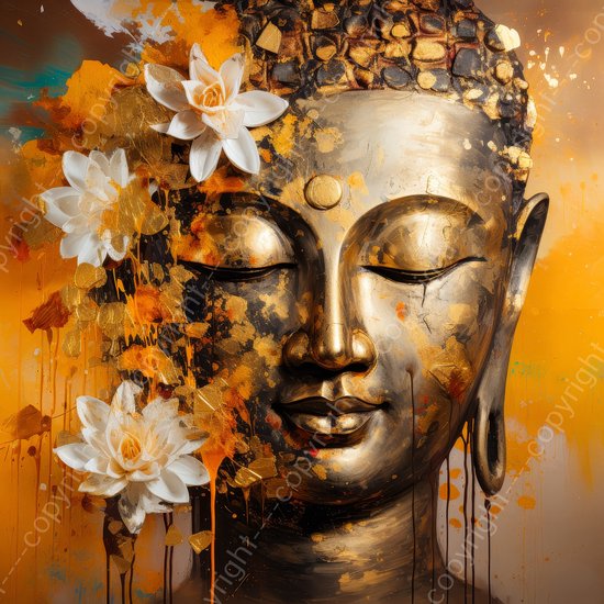 K&C Art (Canvas schilderij) 60x60cm | Boeddha met lotusbloemen - buddha - goud - wit - zwart - groen - modern - kunst | Woonkamer - slaapkamer - hal - kantoor | Foto schilderij print op canvas - wanddecoratie - muurdecoratie - wall art