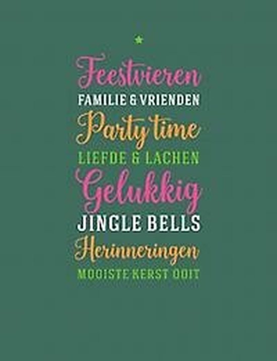 Groene kaart met witte en roze tekst: Feestvieren, Familie & vrienden, Party time, Liefde & lachen, Gelukkig, Jingle Bells, Herinneringen, Mooiste kerst ooit.