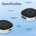 Twee zichten op een zwarte, ronde Bluetooth-ontvanger met zilveren rand. Pijlen wijzen naar multifunctieknop, AUX-ingang en USB-C-poort.