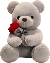 Giftpoint Knuffelbeer - Teddybeer - Kerstcadeau - Valentijn Cadeau - Knuffel Beer - Knuffels - Kerst - Cadeau voor Vrouw - Moederdag Cadeautje - Valentijnscadeau - Geschenk - Verjaardag Cadeau - Sinterklaas Cadeau - Grijze Teddybeer - 28cm - Met roos
