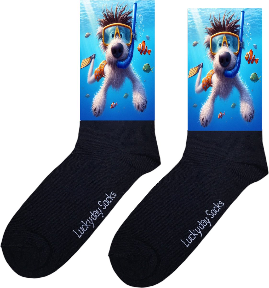 Duikend hondje sokken - Opkikker - Beterschap - Kerstsokken - Verjaardag cadeau - Leuke sokken - Vrolijke sokken - Print sokken - Cadeau sokken - LuckyDay Socks - Sokken waar je vrolijk van wordt - Maat 37-44
