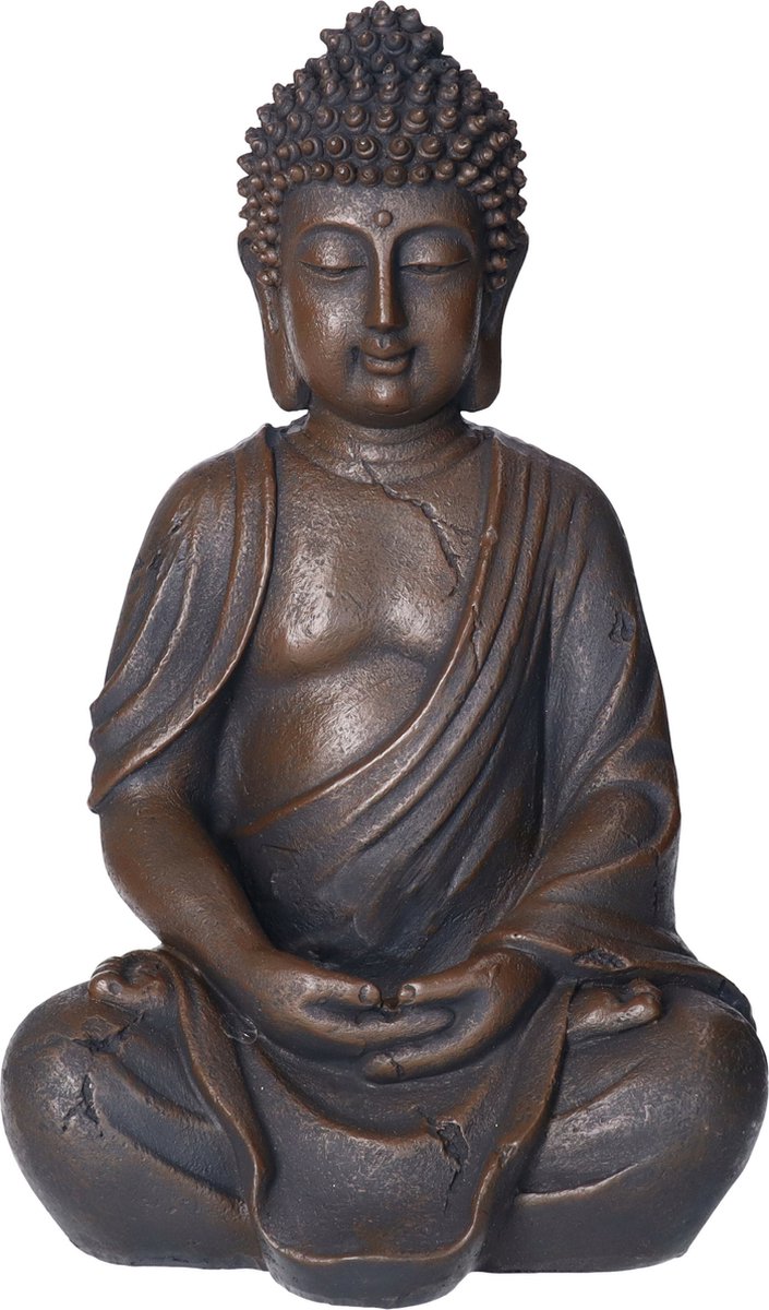 Deco by Boltze Boeddha beeld Zen - kunststeen - antiek donkerbruin - 13 x 10 x 20 cm - home deco en tuin beelden - met open steen structuur