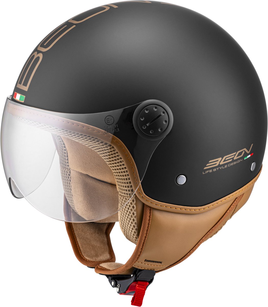 Beon Design luxe scooterhelm - Geschikt als Snorfiets Brommerhelm Motorhelm Scooter helm - Retro Vespa jethelm met Vizier - Volwassenen - XS - Mat Zwart - Gratis helmtas