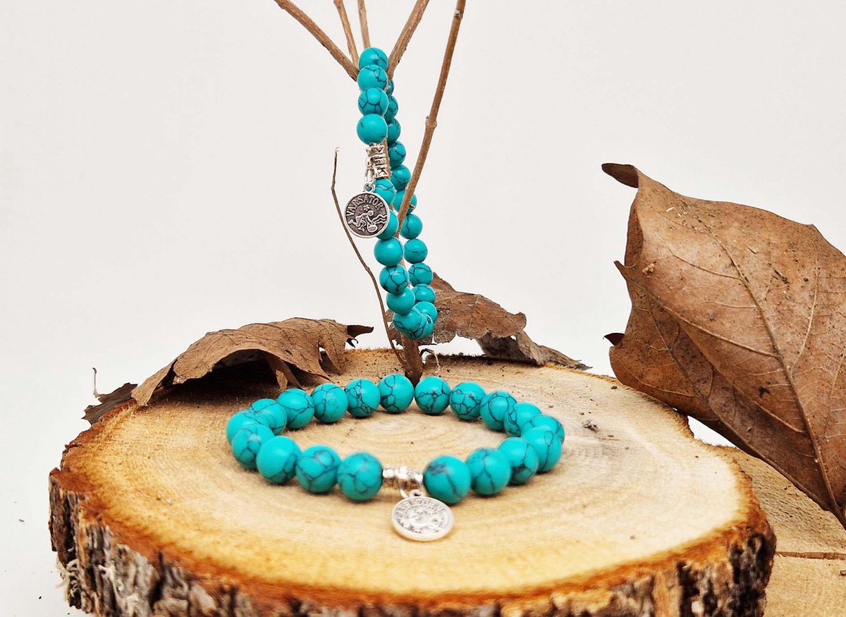 Handgemaakte natuursteen Geluksarmband met hanger "Astrologische Symbolen " Howliet groen " -8 mm diameter van de korrel- Diameter armband 20 cm - Kies je favoriete Astrologische Symbolen - Een mooi cadeau voor familie en vrienden