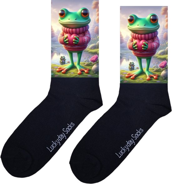 Roze trui kikker - Verjaardags cadeau - Beterschap - Opkikker - Print sokken - vrolijke sokken - valentijn cadeau - leuke dames en heren sokken - moederdag - vaderdag - Sokken waar je vrolijk van wordt - Maat 37-44