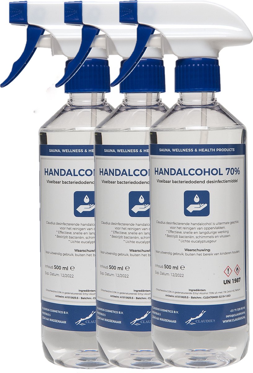 Goedkoopste Handalcohol spray 70 - 500 ml met spraykop - set van 3 stuks