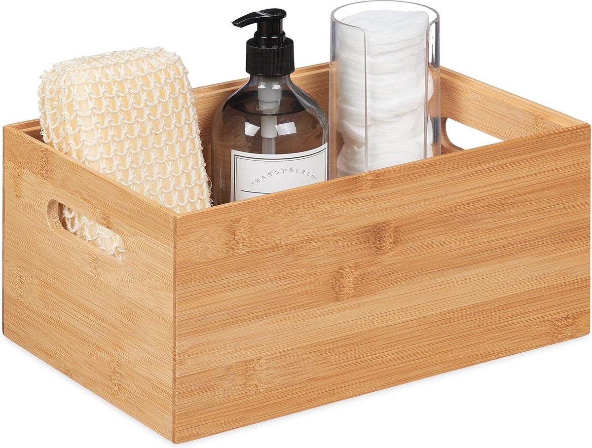 Goedkoopste Stevige bamboe opbergdoos zonder deksel - Stapelbare opbergbox met handgrepen - 14 x 30 x 20 cm