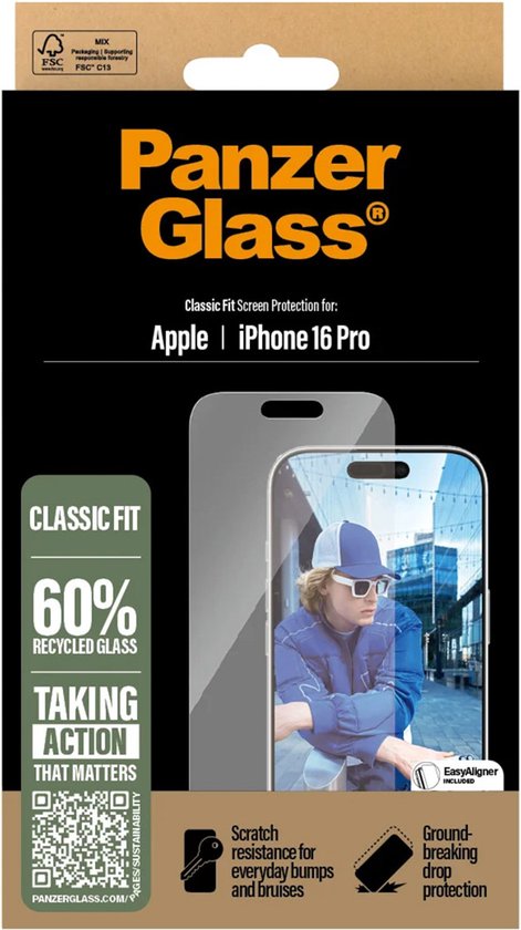Verpakking PanzerGlass screenprotector voor iPhone 16 Pro. Met 60% gerecycled glas.