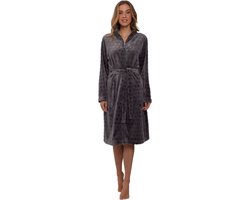 Dames badjas met rits - donkergrijs - fleece - zacht & warm - ritssluiting badjas dames - luxe ochtendjas -stippen reliëf - maat S (36-38)
