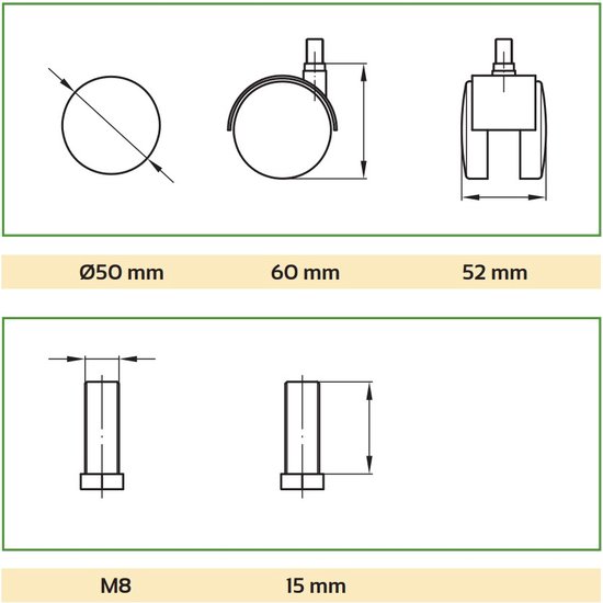 AMIG set van 4 Kunststof Meubelwielen 50mm - 2x Zwenkwiel met rem + 2x Zwenkwiel geen rem – Schroefdraad M8 x 15mm