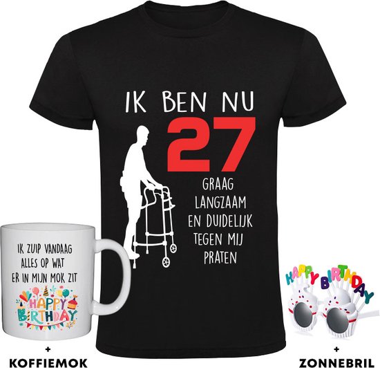 27 jaar Heren T-shirt + Koffiemok + Happy birthday bril - 27e verjaardag - feest - grappig