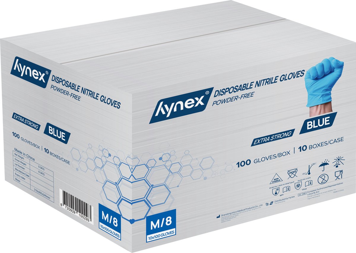 Goedkoopste Hynex Nitril handschoenen 5g maat M - omdoos1000 stuks - Blauw - Poedervrij - Latex vrij - Niet Steriel