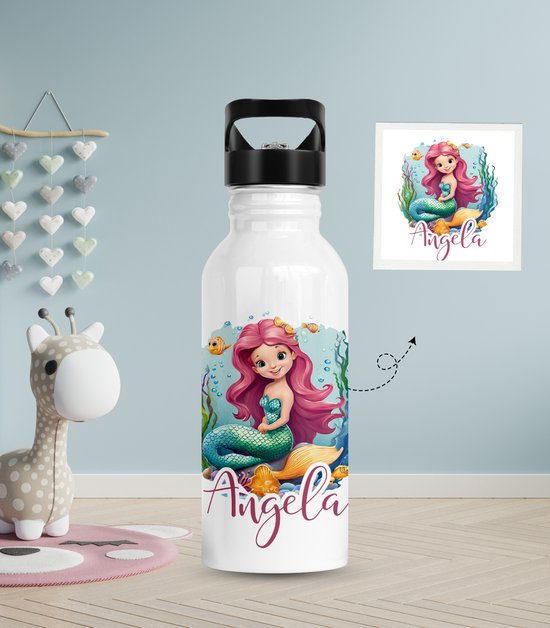 Gourde Kinder , gourde pour enfants, gourde pour enfants personnalisée, cadeau personnalisé, adapté à l'école, à la maternelle et au sport gourde pour enfants, gourde pour enfants avec naam, étanche, acier inoxydable, design sirène, 400 ml