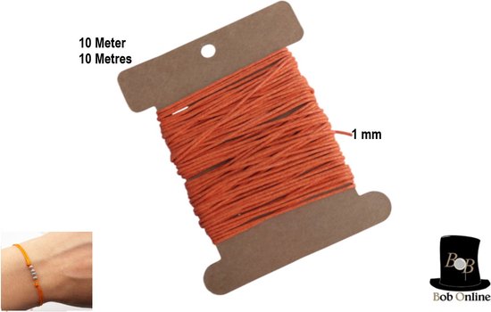 Oranje katoenen waxkoord op een kartonnen spoel, 10 meter lang en 1 mm dik.