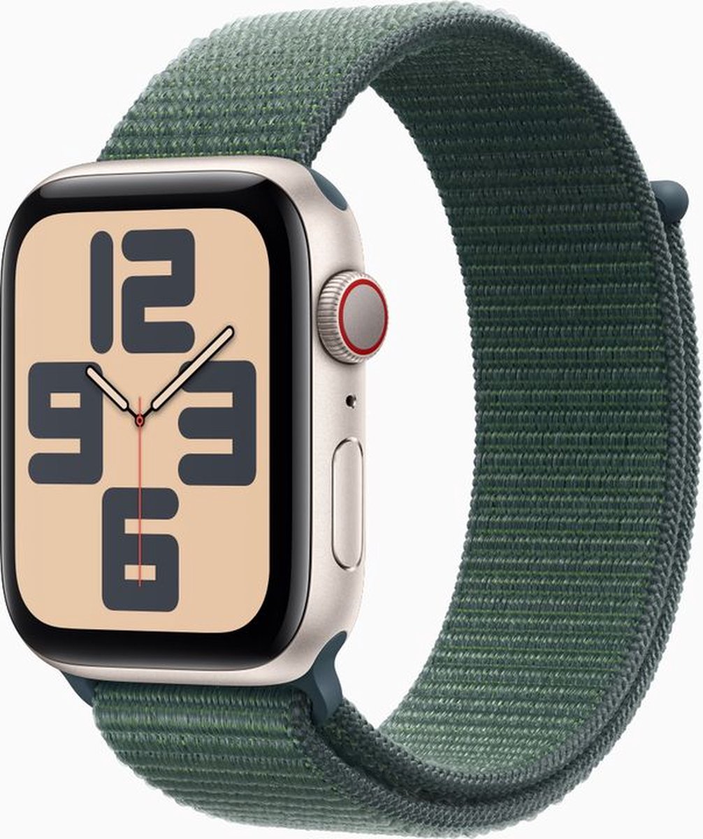 Afbeelding 2 van Apple Watch SE 2024 - Smartwatch - GPS + Cellular - 40mm - Starlight Aluminium Case - Lake Green Sport Loop
