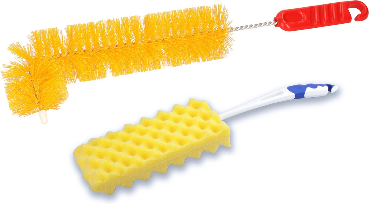 Goedkoopste 2-Delige verwarming schoonmaakset oranje/wit - schuimborstel - L-vorm radiator borstel
