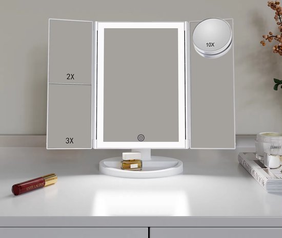 Miroir de maquillage Lukana avec Siècle des Lumières LED - Grossissement 10x - Miroir de rasage - 3 modes d'éclairage - Miroir de table - Rechargeable - Intensité variable - Miroir de voyage