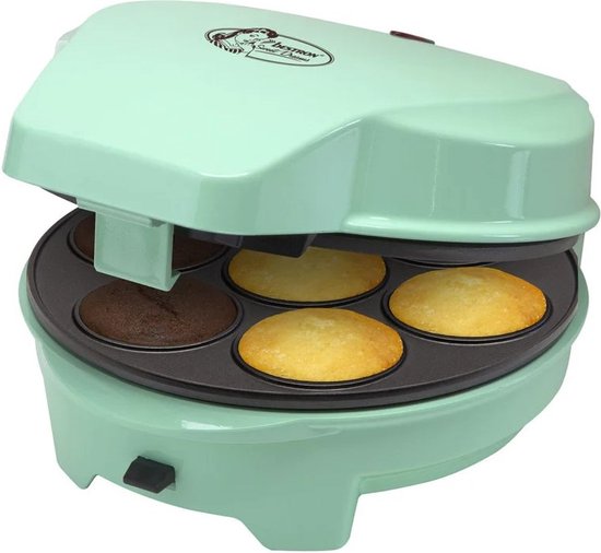 Foto: Bestron 3 in 1 cakemaker in retro design met 3 verwisselbare bakplaten donut cupcake en cakepopmaker met indicatielampje antiaanbaklaag 700 watt kleur mint