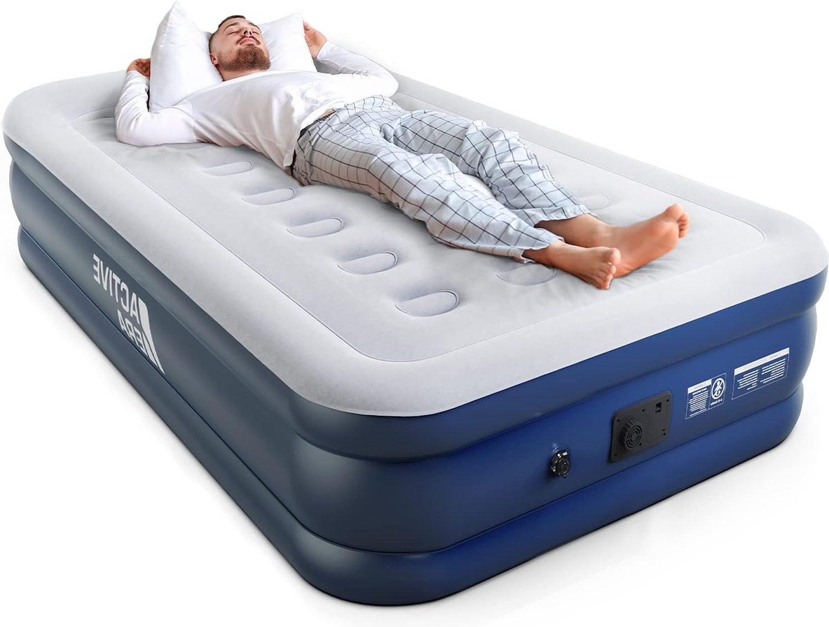 1 Persoons Luchtbed Extra Hoog 53 cm met Ingebouwde Elektrische Pomp - Single Airbed Matras voor Kamperen, Verhuizen en Reizen