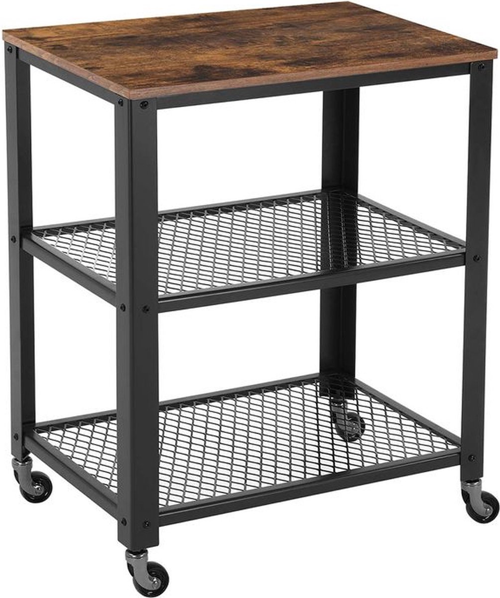 Serveerwagen - 3-laags serveerwagen - 1 tafelblad - 4 wielen met 2 remmen - Duurzaam en stevig - Stalen frame + spaanplaat - Vintage bruinzwart - 60 x 77,5 x 40 cm (B x H x D)