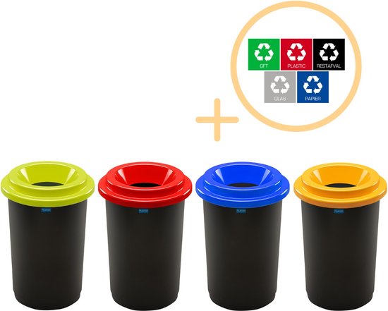 Prullenbak Plafor Eco Bin 50L - Set de 4 - Blauw/ Vert / Rouge / Jaune + Set d'autocollants