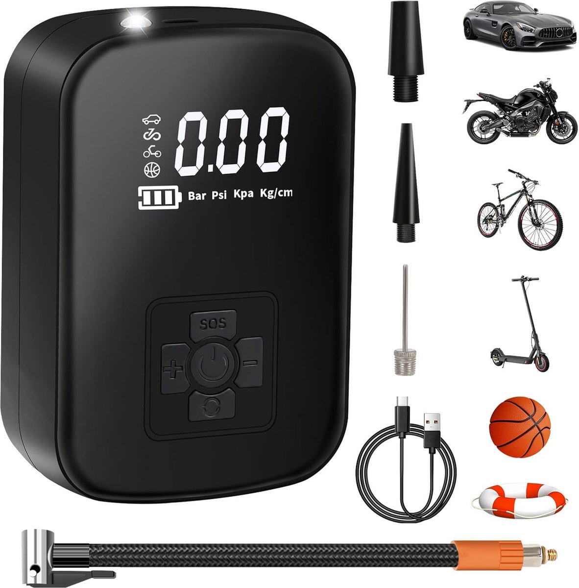 Elektrische Fietspomp met Digitale Manometer - 150 PSI Hoge Druk - Compacte en Draagbare Luchtcompressor voor Auto's, Fietsen en Voertuigen - Inclusief Meerdere Opzetstukken en Oplaadbare Batterij