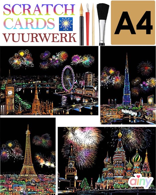 Foto: Ainy scratch art vuurwerk a4 4 krastekening incl gereedschapen diy kras tekeningen schilderen op kleuren kunst kraskaart hobby creatief voor volwassenen en kinderen meisjes knutselen ontspanningspakket schilderijen set nummer 4