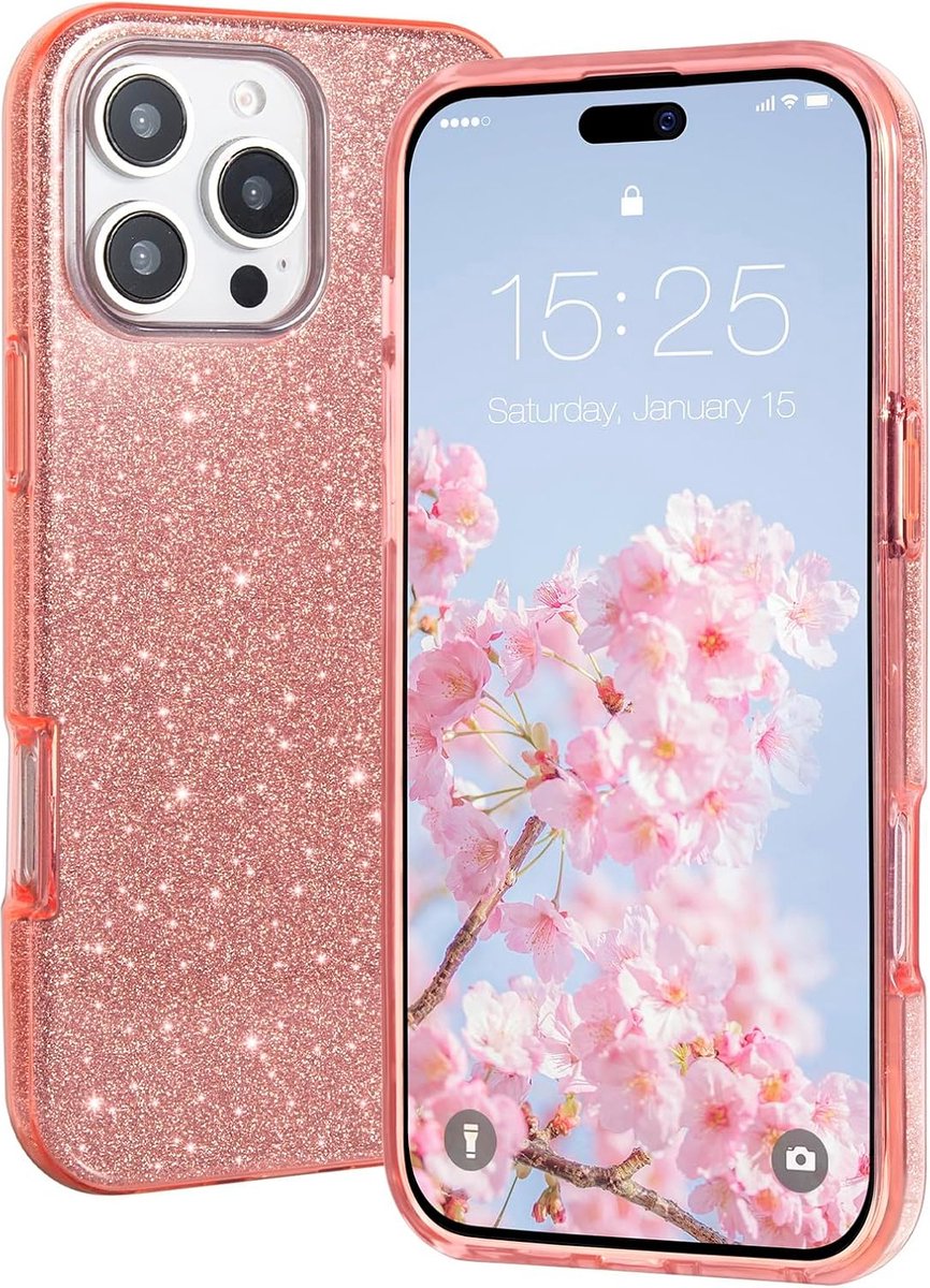 Casemania Hoesje Geschikt voor Apple iPhone 16 Pro Max - Roze - Glitter Back Cover
