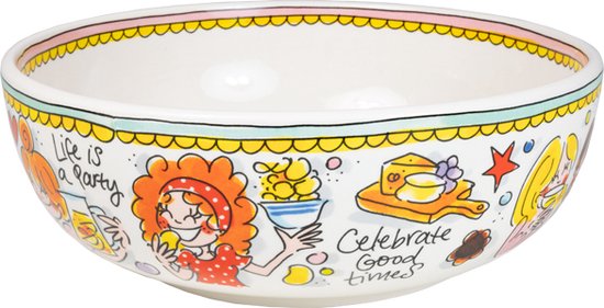 Schaal met tekeningen van een vrouw met rode haren en de tekst 'Celebrate Good times'.