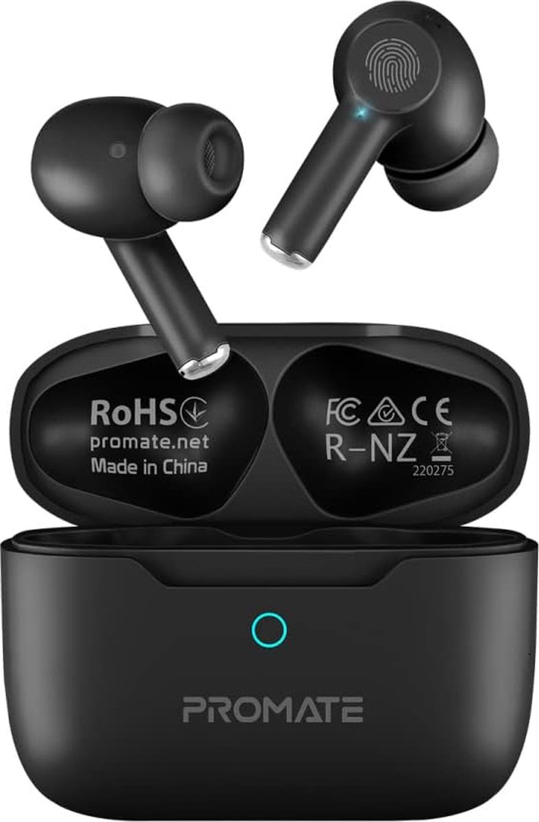 ProMate® True Wireless Oordopjes - In-Ear - Met Active Noise Cancelling - Bluetooth v5.3 - Draadloze oortjes met Microfoon - 25 uur Afspeeltijd - Intelligente Touchbediening - Oplaadcase - Universeel - Geschikt voor Smartphone & Laptop - Zwart